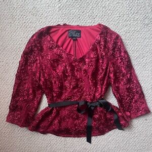 VINTAGE Alex Evenings Burgundy Floral Blouse with Black Bow